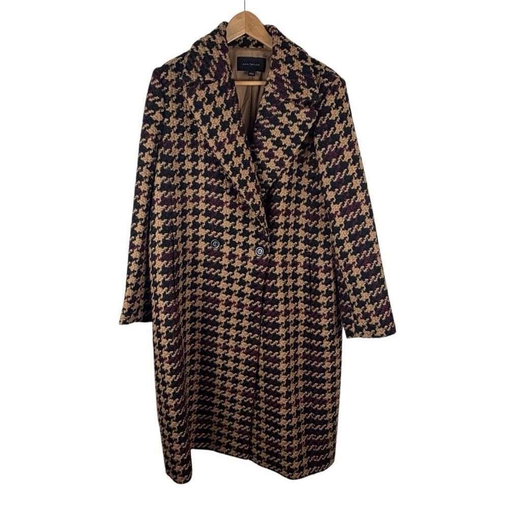 Ann Taylor burgundy, camel, and black houndstooth wool coat- size L